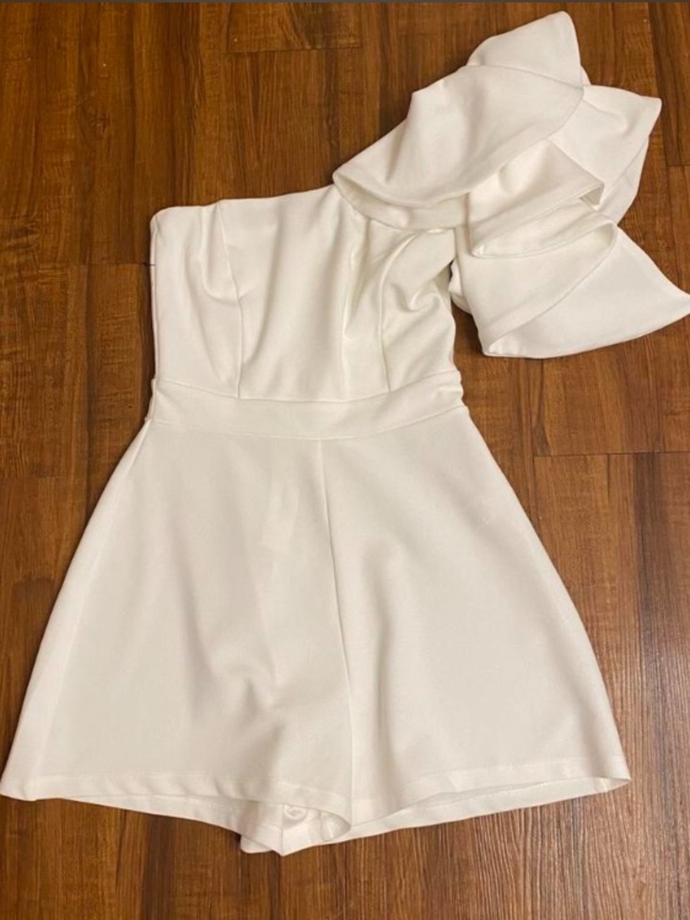 One-Shoulder White Ruffle Romper Dress